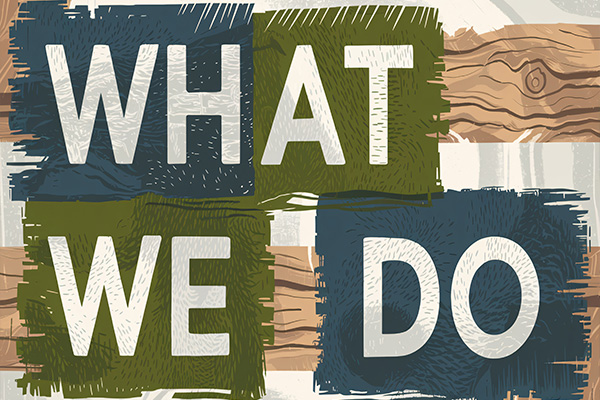 This shows a computer generated graphic with the words What We Do printed on in big white capital letters. The background shows two horizontal planks of wood with roughly painted squares in blue and green on top with the letters in the squares.